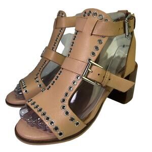 TOPSHOP 'Vienna' Grommets NUDE Leather Eyelet Mid Heel Wedge Studded Sandals 36